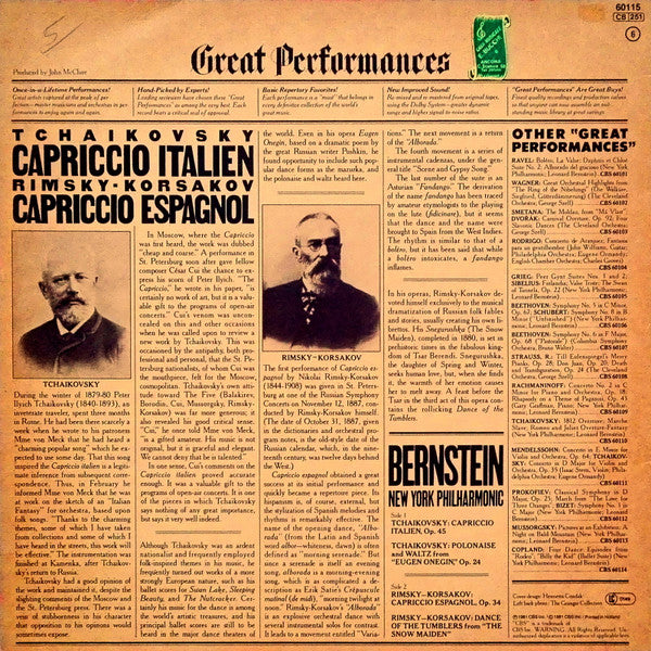 Pyotr Ilyich Tchaikovsky, Nikolai Rimsky-Korsakov, Leonard Bernstein, New York Philharmonic : Capriccio Italien  / Capriccio Espagnol (LP, Comp, RE, RM)