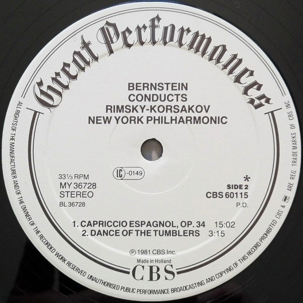 Pyotr Ilyich Tchaikovsky, Nikolai Rimsky-Korsakov, Leonard Bernstein, New York Philharmonic : Capriccio Italien  / Capriccio Espagnol (LP, Comp, RE, RM)