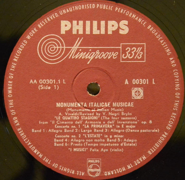 Antonio Vivaldi - I Musici, Félix Ayo : Le Quattro Stagioni (LP, Mono, Min)