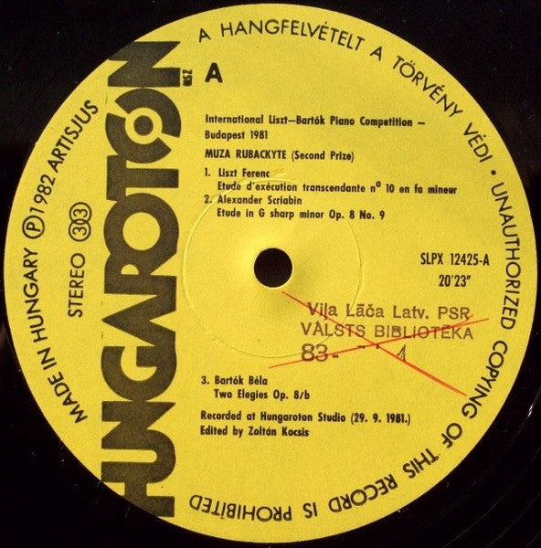 Mūza Rubackytė / Hortense Cartier-Bresson : International Liszt–Bartók Piano Competition, Budapest 1981 (LP)