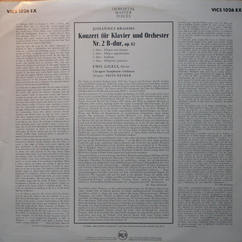 Johannes Brahms - Emil Gilels, Chicago Symphony Orchestra, Fritz Reiner : Piano Concerto  No 2 In B Flat Major (LP, Album)