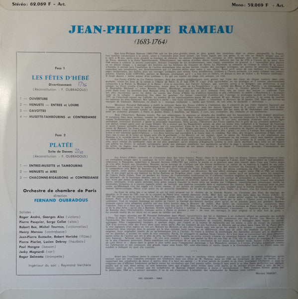 Jean-Philippe Rameau - Orchestre De Chambre De Paris, Fernand Oubradous : Les Fêtes d' Hébé - Platée (LP, Mono)