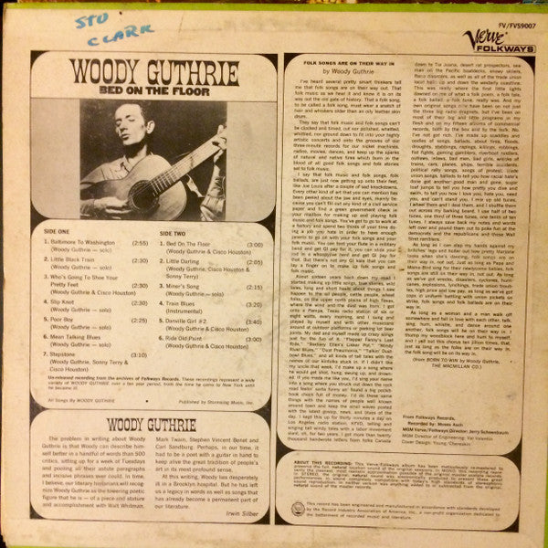 Woody Guthrie : Bed On The Floor (LP, Album, Mono)