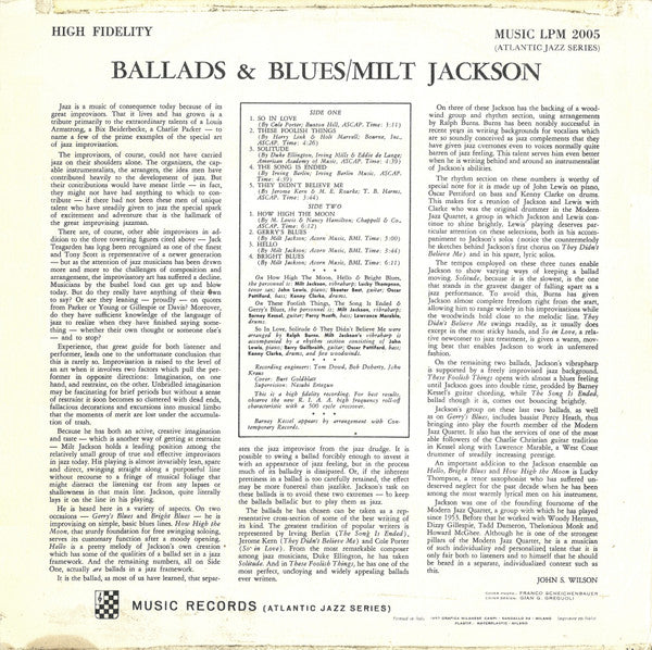 Milt Jackson : Ballads & Blues (LP, Mono)