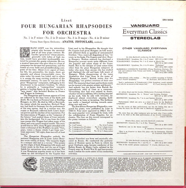 Franz Liszt - Orchester Der Wiener Staatsoper, Anatole Fistoulari : Four Hungarian Rhapsodies (LP)