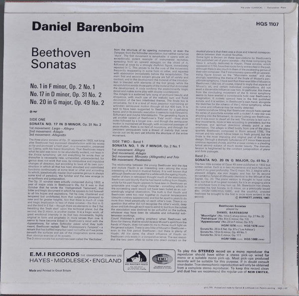 Daniel Barenboim : Beethoven Sonatas: No.1 In F Minor, Op.2, No.1 / No.17 In D Minor, Op.31, No.2 / No.20 In G Major, Op.49, No.2 (LP)