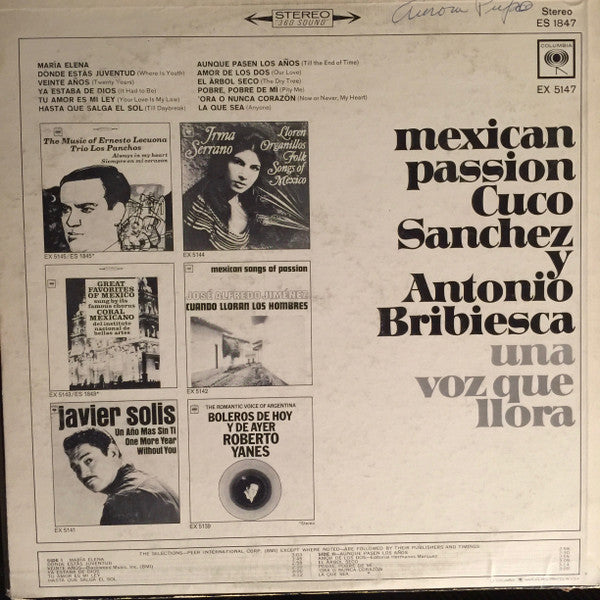 Cuco Sanchez Y Antonio Bribiesca : Una Voz Que Llora (Mexican Passion) (LP)