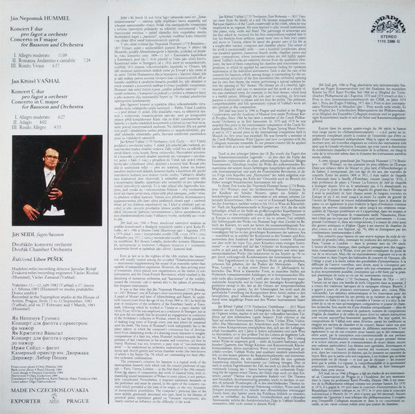 Johann Nepomuk Hummel / Johann Baptist Vanhal, Jiří Seidl, Dvořák Chamber Orchestra, Libor Pešek : Basoon Concertos (LP)