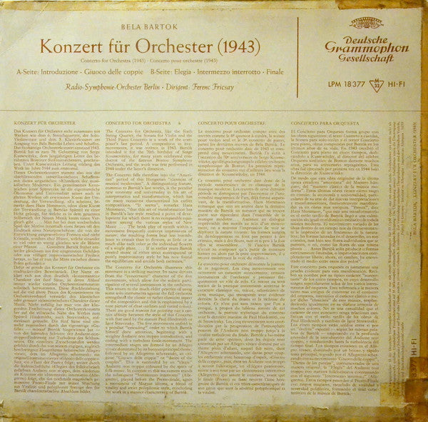 Béla Bartók, Ferenc Fricsay : Konzert Für Orchester (1943) (LP, Mono)