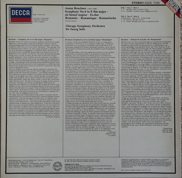 Anton Bruckner, Georg Solti, Chicago Symphony Orchestra : Symphony No. 4 Romantic = Romantique = Romantische (LP)