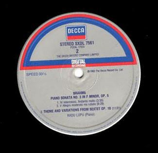 Radu Lupu, Johannes Brahms : Piano Sonata No.3 In F Minor, Op.5 / Theme And Variations In D Minor (LP)