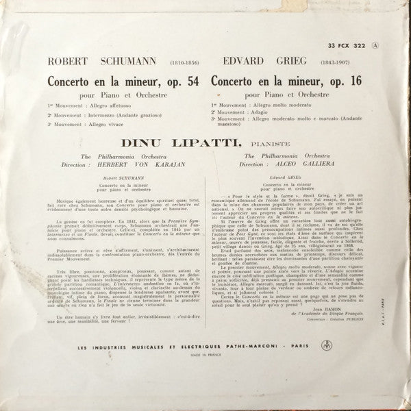 Robert Schumann - Edvard Grieg - Dinu Lipatti, Philharmonia Orchestra, Herbert von Karajan, Alceo Galliera : Concerto En La Mineur, Op. 54 / Concerto En La Mineur, Op. 16 Pour Piano Et Orchestre (LP, Mono)