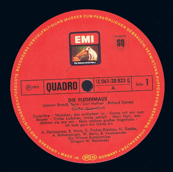 Johann Strauss Jr., Wiener Symphoniker, Willi Boskovsky, Anneliese Rothenberger, Dietrich Fischer-Dieskau, Nicolai Gedda, Renate Holm, Brigitte Fassbaender, Adolf Dallapozza, Walter Berry : Die Fledermaus / Grosser Querschnitt (LP, Quad)