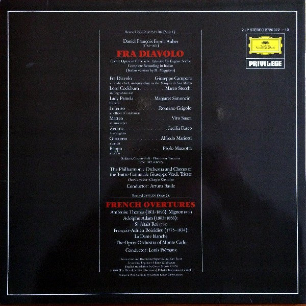 Daniel-Francois-Esprit Auber - Orchestra Del Teatro Giuseppe Verdi Di Trieste E Coro Del Teatro Giuseppe Verdi Di Trieste, Arturo Basile : Fra Diavolo (2xLP, Album, RE, Gat)