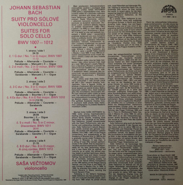 Johann Sebastian Bach, Saša Večtomov : Suites For Solo Cello BWV 1007-12 (2xLP)