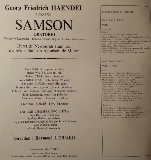 Georg Friedrich Händel, Raymond Leppard, English Chamber Orchestra : Samson - Enregistrement Intégral (4xLP, Box)