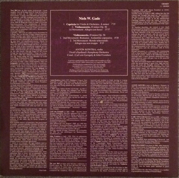 Niels Wilhelm Gade, Anton Kontra, Tivoli Concert Symphony Orchestra : Violinconcerto D Minor Op. 56 / Capriccio For Violin & Orchestra A Minor (LP)