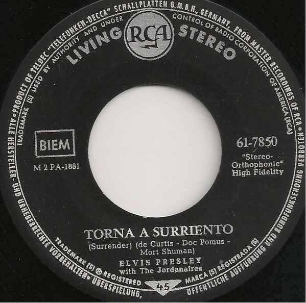 Elvis Presley With The Jordanaires : Torna A Surriento (Surrender) / Lonely Man (7", Single)