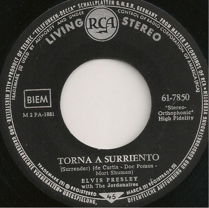 Elvis Presley With The Jordanaires : Torna A Surriento (Surrender) / Lonely Man (7", Single)