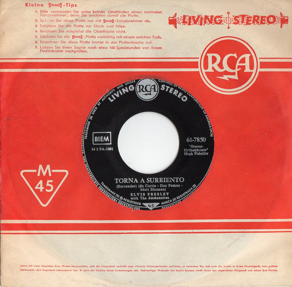 Elvis Presley With The Jordanaires : Torna A Surriento (Surrender) / Lonely Man (7", Single)