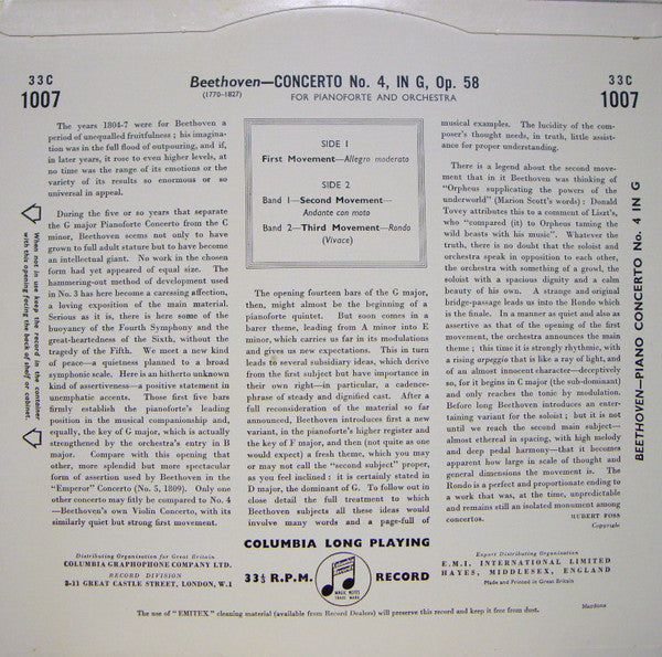 Ludwig van Beethoven, Walter Gieseking, Herbert von Karajan, Philharmonia Orchestra : Piano Concerto No. 4 (10", Mono)
