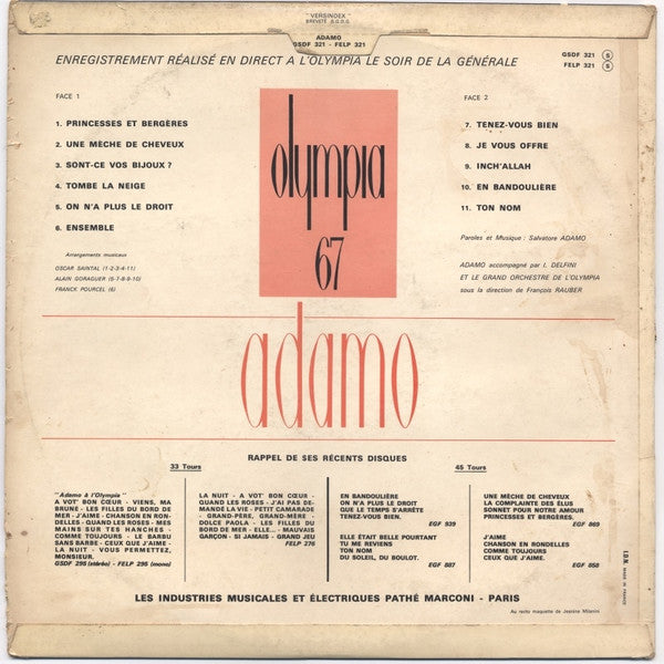 Adamo : Olympia 67 (LP, Album)