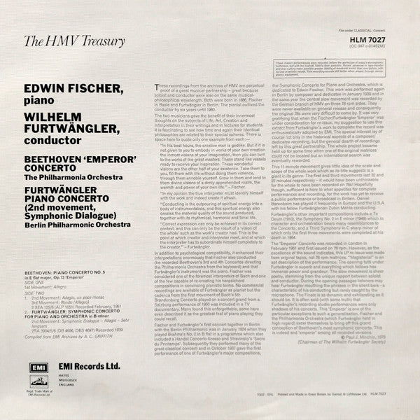 Ludwig van Beethoven, Wilhelm Furtwängler, Philharmonia Orchestra, Edwin Fischer, Berliner Philharmoniker, Wilhelm Furtwängler : Beethoven "Emperor" Concerto / Furtwängler Piano Concerto (LP, Album, Mono)