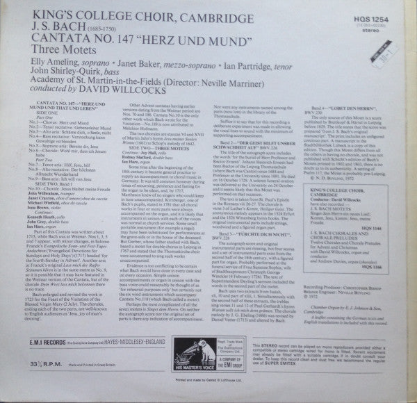 Johann Sebastian Bach, The King's College Choir Of Cambridge, Elly Ameling, Janet Baker, Ian Partridge, John Shirley-Quirk, The Academy Of St. Martin-in-the-Fields, David Willcocks : Cantata No. 147, "Herz Und Mund" / 3 Motets (LP, Album)