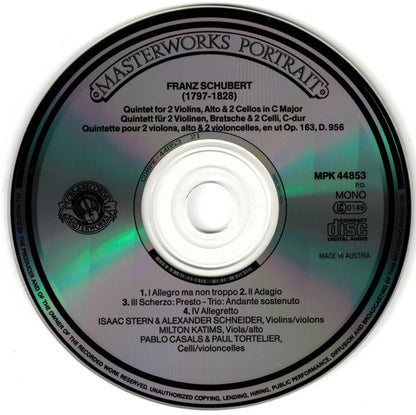 Franz Schubert - Isaac Stern, Alexander Schneider, Milton Katims, Pablo Casals, Paul Tortelier : Quintet Op. 163 D. 956 (CD, Album, Mono, RE, RM)