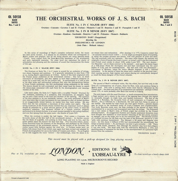 Johann Sebastian Bach, Thurston Dart, Philomusica Of London : The Orchestral Works Of J.S. Bach: Suite No. 1 In C Major (BWV 1066) / Suite No. 2 In B Minor (BWV 1067) (LP, Mono)