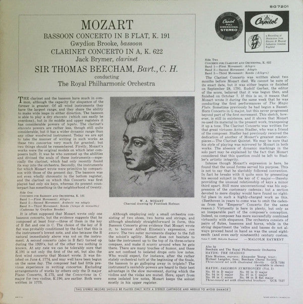 Wolfgang Amadeus Mozart, Sir Thomas Beecham Conducting Royal Philharmonic Orchestra Bassoon Gwydion Brooke Clarinet Jack Brymer : Concerto In B Flat Major / Concerto In A Major (LP, Album)