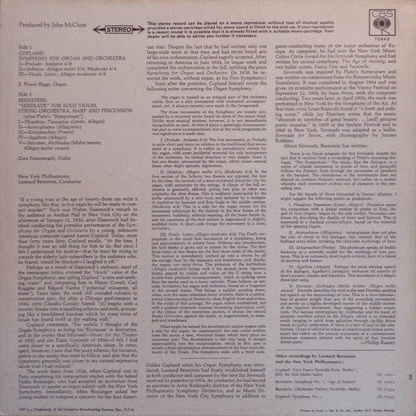 Leonard Bernstein, Aaron Copland - E. Power Biggs, Zino Francescatti, New York Philharmonic : Organ Symphony / Serenade For Violin And Orchestra (LP)