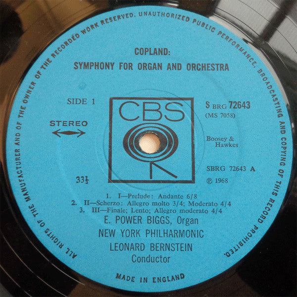 Leonard Bernstein, Aaron Copland - E. Power Biggs, Zino Francescatti, New York Philharmonic : Organ Symphony / Serenade For Violin And Orchestra (LP)