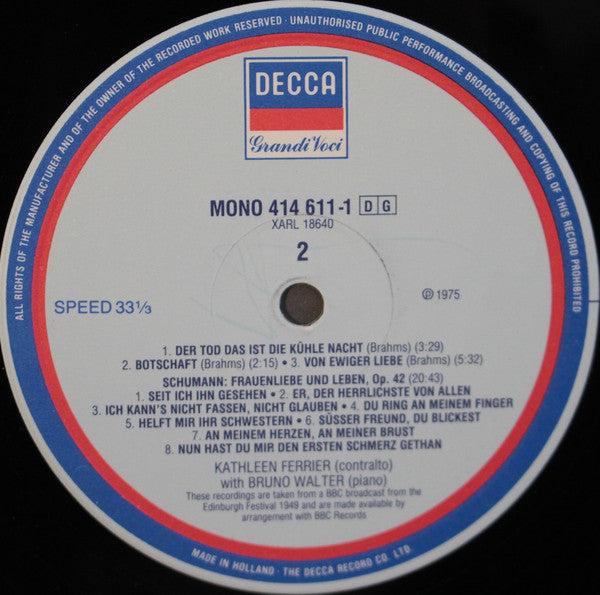 Kathleen Ferrier, Bruno Walter, Franz Schubert, Robert Schumann, Johannes Brahms : Kathleen Ferrier (LP, Album, Mono)