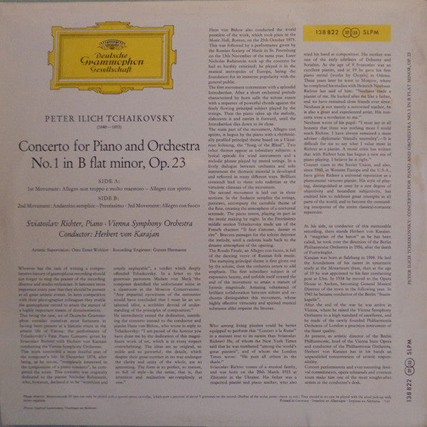 Pyotr Ilyich Tchaikovsky - Sviatoslav Richter, Herbert Von Karajan, Wiener Symphoniker : Piano Concerto No. 1, B Flat Minor (LP)