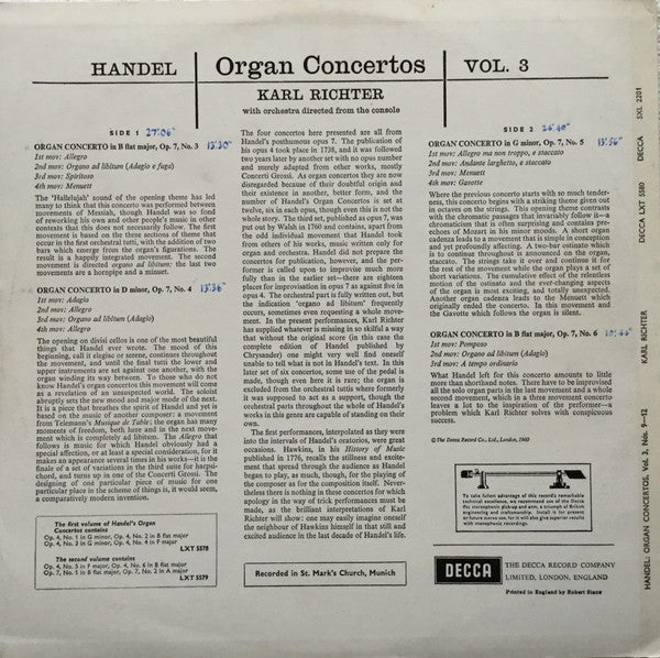 Georg Friedrich Händel, Karl Richter Und Sein Kammerorchester : Organ Concertos Vol. 3: Nos. 9 10 11 12 (LP, ED2)