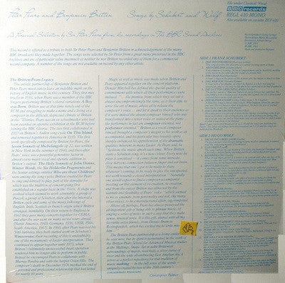 Franz Schubert, Hugo Wolf, Benjamin Britten, Peter Pears : Songs by Schubert and Wolf : a personal selection by Sir Peter Pears from his recorings in The BBC Sound Archives (LP, Mono)