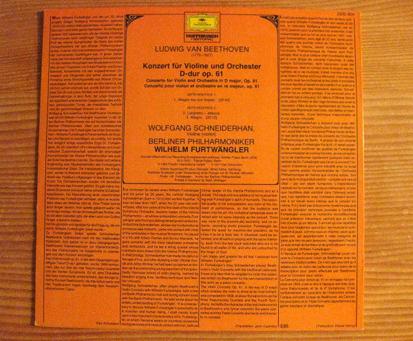 Wilhelm Furtwängler, Berliner Philharmoniker, Wolfgang Schneiderhan, Ludwig van Beethoven : Beethoven: Violinkonzert (LP, Mono)