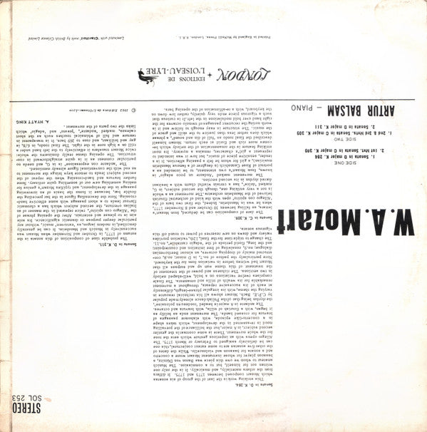 Wolfgang Amadeus Mozart - Arthur Balsam : Mozart Piano Music Vol 5 (LP)