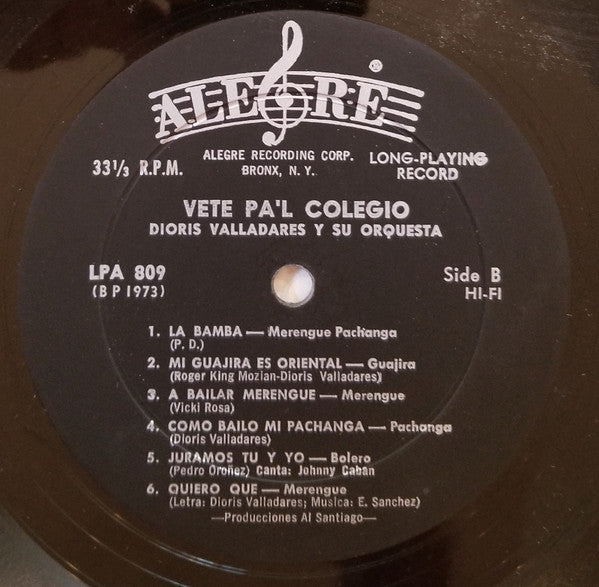 Dioris Valladares : Vete Pa'l Colegio (LP, Album, Mono, HI )