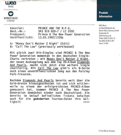 Prince And The New Power Generation : Money Don't Matter 2 Night (7", Single, Lar)