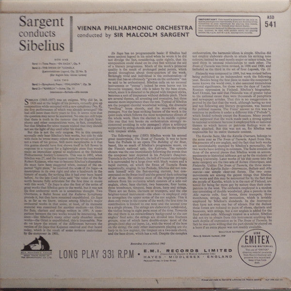 Jean Sibelius - Sir Malcolm Sargent, Wiener Philharmoniker : Sargent Conducts Sibelius (LP, RP, Col)