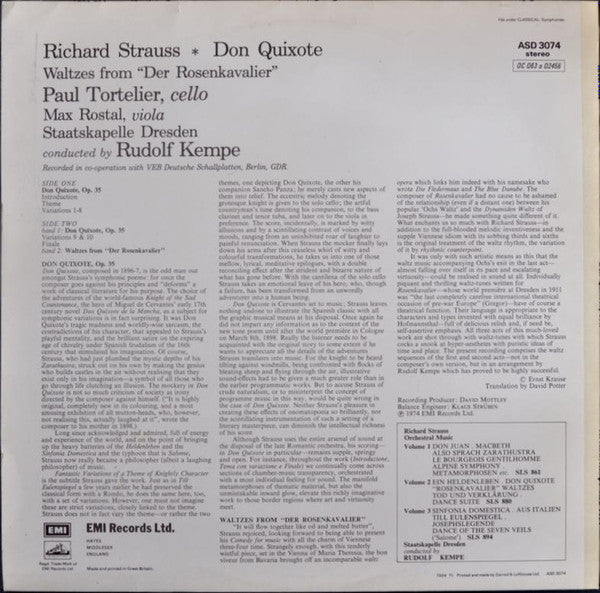 Richard Strauss – Paul Tortelier, Max Rostal, Staatskapelle Dresden, Rudolf Kempe : Don Quixote (LP)