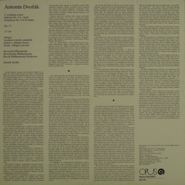 Antonín Dvořák - Slovak Philharmonic Orchestra, Zdeněk Košler : Symphony No. 4 In D Minor (LP)