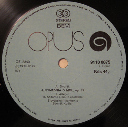 Antonín Dvořák - Slovak Philharmonic Orchestra, Zdeněk Košler : Symphony No. 4 In D Minor (LP)