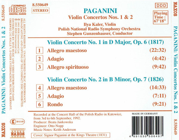 Niccolò Paganini, Ilya Kaler, Polish National Radio Symphony Orchestra, Stephen Gunzenhauser : Violin Concertos No. 1, Op. 6 ∙ No. 2, Op. 7 (CD, Album)