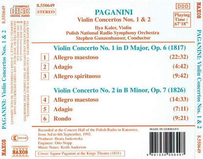 Niccolò Paganini, Ilya Kaler, Polish National Radio Symphony Orchestra, Stephen Gunzenhauser : Violin Concertos No. 1, Op. 6 ∙ No. 2, Op. 7 (CD, Album)