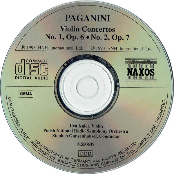 Niccolò Paganini, Ilya Kaler, Polish National Radio Symphony Orchestra, Stephen Gunzenhauser : Violin Concertos No. 1, Op. 6 ∙ No. 2, Op. 7 (CD, Album)