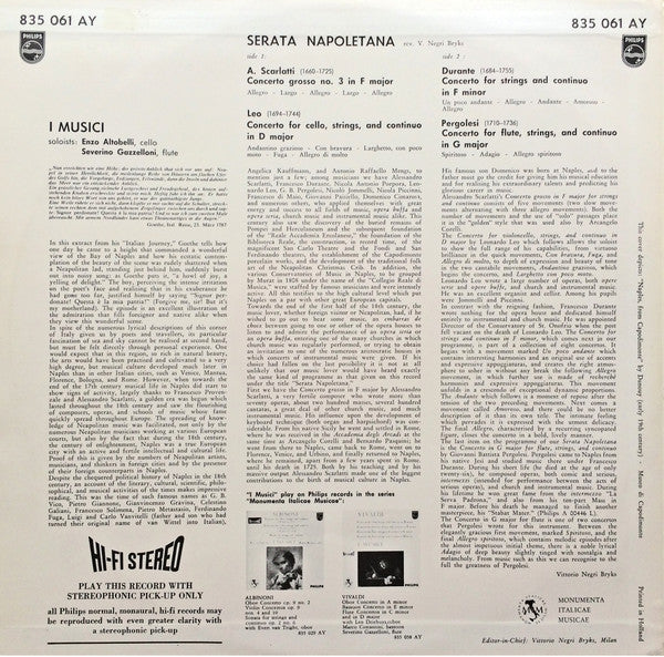 I Musici, Leonardo Leo / Francesco Durante / Giovanni Battista Pergolesi / Alessandro Scarlatti : Serata Napoletana (Cello Concerto In D Major / Concerto For Strings And Continuo In F Minor / Flute Concerto In G Major / Concerto Grosso No. 3 In F Major) (LP)