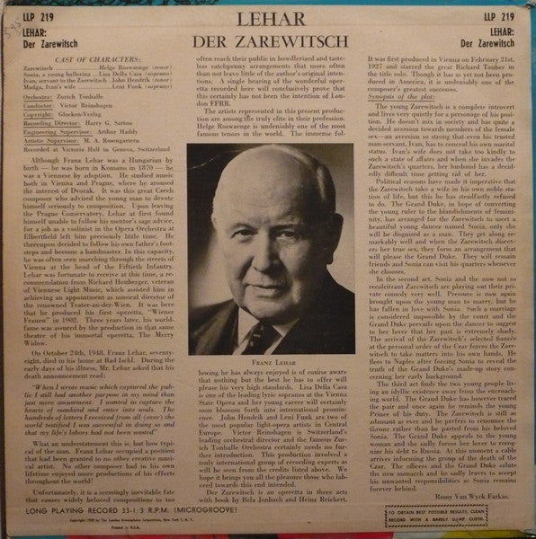 Franz Lehár, Helge Roswaenge, Lisa Della Casa, Leni Funk, John Hendrik, Tonhalle-Orchester Zürich And Chor der Oper Zürich Conducted By Victor Reinshagen : Der Zarewitsch (LP, Album, Mono)